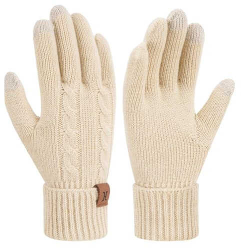 Bequemer Laden Thermo Touchscreen Handschuhe Damen Winter Warm Zopfmuster Winterhandschuhe Strickhandschuhe Fingerhandschuhe mit Elastisch Manschette Frauen Geschenk, Beige
