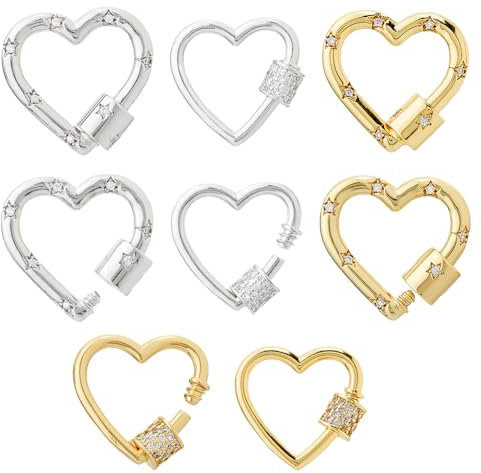 Hobbspring 8Pcs Brass Screw Carabiner Lock Charms 2 Colors Heart Lock Clasps Micro Pave Cubic Zirconia Carabiner Lock for Keychain Clip Hook Necklace Jewelry Making