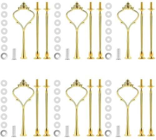 Bringsine 6 Set Cake Stand Hardware Kit Tiered Tray Hardware Fittings 3 Tier Cake Stand Holder for Weeding,Party,Fruit Plate Handle,Cupcake Trays Serving Stand-Gold