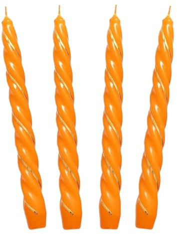 Auswahl Farbe + Menge - gold verzierte Spiralkerze Spitzkerze Stabkerze Renaissancekerze Tafelkerze Leuchterkerze ca. Ø 22 x 220 mm gedreht hier: 4 Kerzen orange (matt) / gold