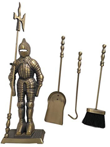 SmPinnaA Cast Iron Fireplace Tool Set, 5-Piece Antique Brass Middle Ages Knight Fireplace Hearth Fire Pit Accessories with Tongs Shovel Brush Poker, 73cm Tall