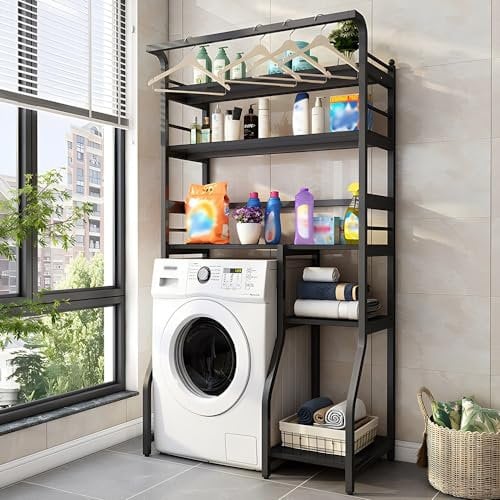 washing machine rack shelf5Tier Drum Washing Machine Storage Rack with Hanger Rail Over the Washer and Dryer Storage Shelf for Laundry Room Metal Frames MultiFunctional Organizer