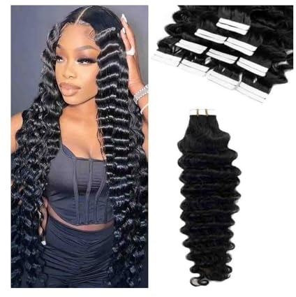 Haar-Tape-Extensions Deep Wave Tape in Echthaarverlängerungen, gewellt, lockig, brasilianisches Remy-Haar, unsichtbare Hauteinschlag-Tape-Ins-Erweiterungen, dickes Ende, doppelseitig Unsichtbares Tape