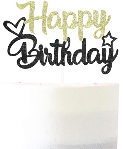Pargleev Black & Gold Glitter Happy Birthday Cake Topper - Glitter Paper & Stick - Ready to Use