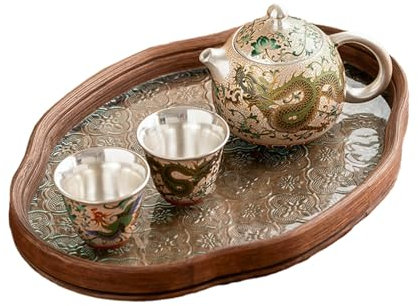 Dragon and Phoenix Xiangliu Silver Ceramic Cup, Household Kung Fu Tea Set Teapot - One Pot, Two Cups + Begonia Plate