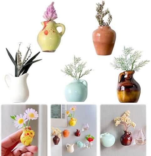 Mini Ceramic Vase Refrigerator Magnets, Mini Vases Fridge Magnetic, Funny Magnetic Cute Vase 3d Plant Magnets for Refrigerator Accessories Kitchen Locker Office Decoration (5pcs)