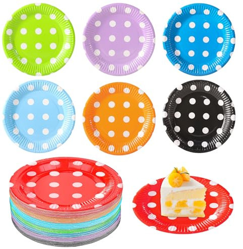 PORFOYO 140 piatti di carta colorati fai da te per feste, piatti di carta rotondi, piatti di carta rotondi, piatti di carta con pois, per feste e celebrazioni come compleanni, matrimoni, picnic