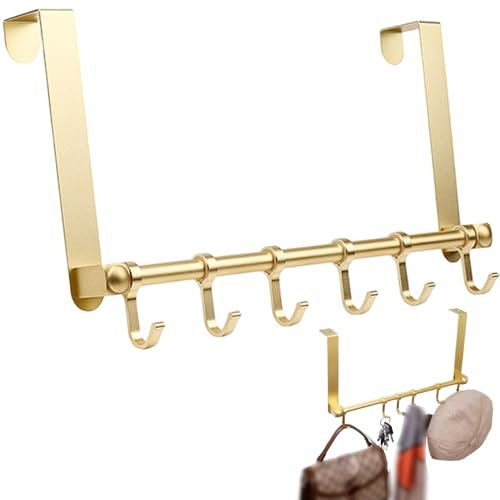 Obelunrp Over The Door Hooks Gold Aluminium Over The Door Hanger with 6 Slideable Hooks Heavy Duty Anodized Hanger for Hat, Coat, Purse, Key & More