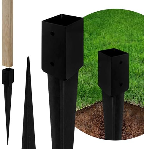 ADGO - 4er Set - Einschlagbodenhülse, Pfostenträger für Holzpfosten - 45x600mm - Quadratische Basis - Bodenhülse Stahl Feuerverzinkt - Stabile Pfostenanker Außenbereich - Robustes Metall - Schwarz