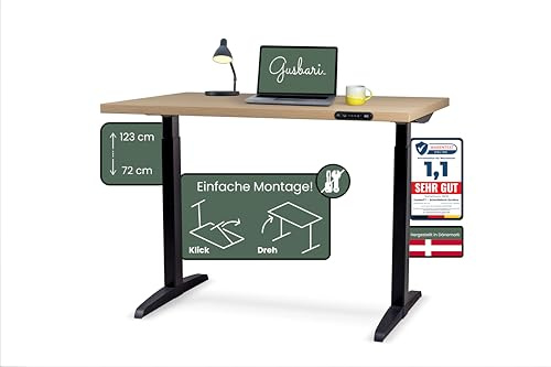 GUSBARI Höhenverstellbarer Schreibtisch Elektrisch mit Memory-Funktion & Sanft-Start | Computertisch Höhenverstellbar mit Anti-Kollisionssystem | Werkzeuglose Montage | Eiche | 112 x 77 cm