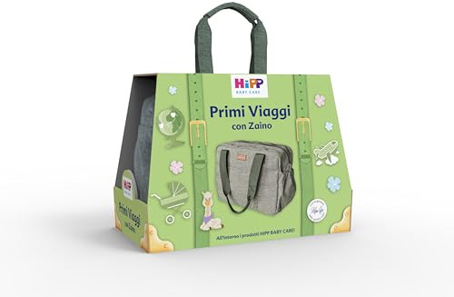 HiPP Baby Care, Cofanetto Primi Viaggi con Latte Idratante 350ml, Bagno Delicato 350ml, Shampoo Delicato 200ml, Salviettine Delicate e Nutrienti 48pz ed un Elegante Zaino Verde