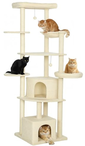PawHut Tiragraffi per Gatti Alto 200 cm, Albero per Gatti Multilivello con 5 Pali Graffiatoi in Sisal, 2 Grotte, 2 Cucce, Amaca, 2 Pompon, Piattaforme, Gioco Torre per Gattini, in Peluche, Beige