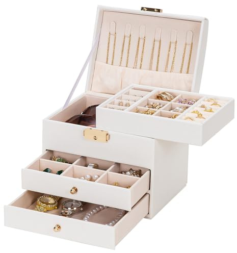 Seelux Kleine Schmuckkästchen mit Schloss für Mädchen : 3-Ebenen-Organizer | Abnehmbares Tablett&Trenner für flexible Ordnung - Sortiert Ohrringe&Ringe&Ketten für Einsteiger - Geburtstagsgeschenk Teens