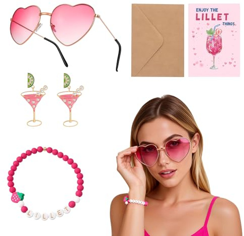 QijAOPD 5 Stück Lillet Zubehör Set, Wildberry Kostüm Accessoires, mit Herz Sonnenbrille Pink, Ohrringe, Perlen Armband, Grußkarte Umschlag, Cocktail Party Outfit, Geschenke für Frauen, Junge Mädchen