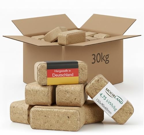 Moorland Holzbriketts 30kg hoher Heizwert, nachhaltig & CO₂-neutral – Kaminbriketts 100 % naturbelassenes Holz ohne Zusätze – Brennholz gepresst Made in Germany – Briketts Kamin, Ofen & Grill