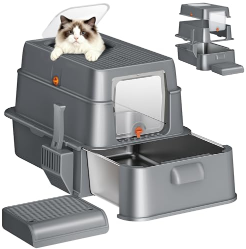 Fobyfurny Katzenklo Edelstahl mit Schublade XXL, 65x44x40 cm, Dunkelgrau | Geschlossene Metall Katzentoilette mit Deckel, mit Pedal und Schaufel, Leicht zu Reinigen, Zwei Eingänge FPLB201SG2