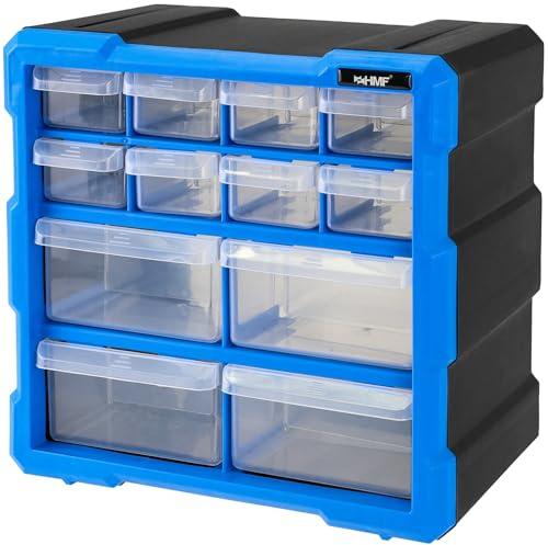 HMF Sortierbox für Kleinteile mit 12 Schubladen, Sortimentskasten für Schrauben und Werkzeug | 24 Fächer | 26,5 x 26,5 x 16 cm | Blau-Schwarz
