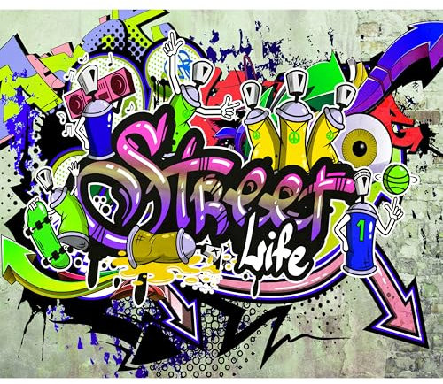 decomonkey - Papier Peint Panoramique Graffiti 300x210 cm - Décoration murale moderne – Tapisserie décorative pour chambre salon - Fond mural urbain coloré graffiti artistique