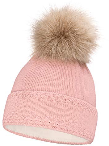 Neverless® gefütterte Damen Strickmütze mit Fell-Bommel und Fleece Futter, Winter-Mütze, Bommelmütze rosa