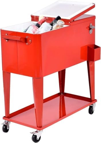 GOPLUS 76L Kühlwagen, Servierwagen Kühlbox mit Rädern, Flaschenöffner & Griffe, Kühlbehälter Getränkewagen, Bar Getränkekühler für Terrasse Hinterhof Party Pool (Rot)