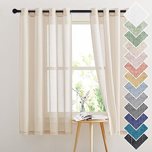 PONY DANCE Vorhang Kurz Landhausstil Gardinen für Küche Gardienen 2-Set Vorhänge Beige Halbtransparent Ösenvorhang Leinenoptik Gardinenschals, H 160 x B 140 cm