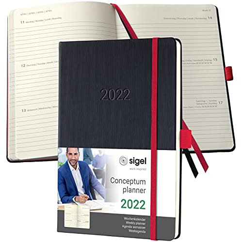 SIGEL C2208 Terminplaner Wochenkalender 2022 - ca. A5 - schwarz, rot - Hardcover - 192 Seiten - Gummiband, Stiftschlaufe, Archivtasche - PEFC-zertifiziert - Conceptum