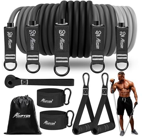 HPYGN Fitnessbänder Set, 200LBS Resistance Bands 5 Verschiedene Stärken, Widerstandsbänder Set mit Griffen Knöchelriemen und Türanker Tragbarer Rucksack, für Indoor Home Gym und Outdoor