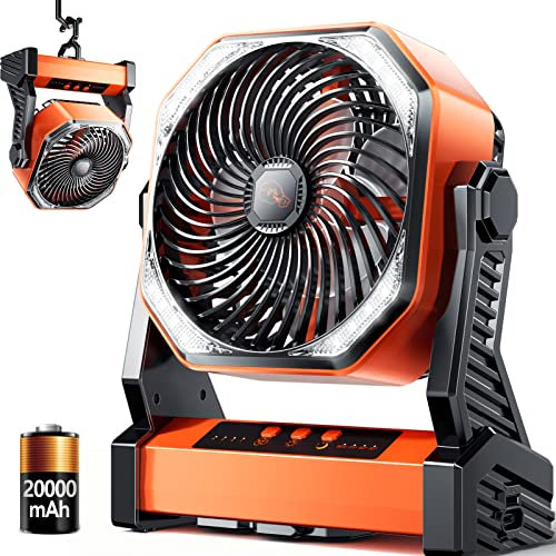 Ventilador LED de camping con luz, 20000 mAh, recargable, alimentado por batería, ventilador de tienda de campaña al aire libre con luz y gancho, 4 velocidades, ventilador de escritorio USB personal