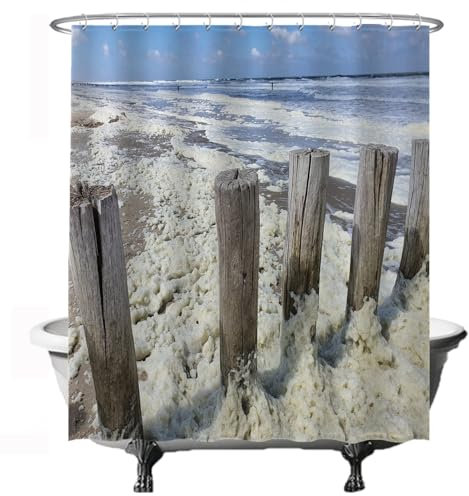 Ulticool Duschvorhang - Strand Meer Küste Niederlande - 180 x 200 cm - Waschbar - Anti Schimmel - mit 12 Ringen - Weiß Blau Beige