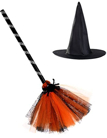 ABOOFAN Kids Broom Halloween Witch Broom Hat Set - Witch Broomstick and Hat Costume Accessory for Halloween & Christmas Party