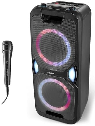 MEDION P61468 Party-Soundsystem (Partylautsprecher inkl. Mikrofon, Karaoke, Akku, UKW Radio, Bluetooth 5.0, Kompaktanlage, 2X 220 Watt, Farbige LED, USB, AUX, 2X Mikrofonanschluss)