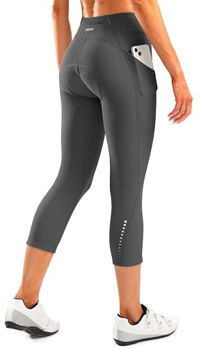 Damen 4D Gepolsterte Fahrradhose Hohe Taille Radfahren Shorts Fahrrad Capris 3/4 Radhose mit Reißverschlusstaschen