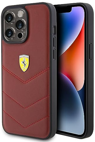 CG Mobile Ferrari Handyhülle kompatibel mit iPhone 15 Pro Max in Rot mit genähten Linien, echtes Leder, schützende & langlebige Hülle mit einfachem Snap-on, Stoßdämpfung & Signatur-Logo