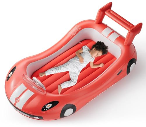 QPAU Aufblasbares Kinderreisebett mit Rausfallschutz 202x115cm – Inkl. Handpumpe+Tragetasche – Luftmatratze für Kleinkinder Schlafen – Campingbett & Hotelbett Reisen/Zuhause – Rot