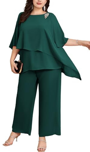 Hanna Nikole Damen Große Größen Hosenanzug Chiffon Shirt Irregular Collar Batwing Sleeves Chiffon Shirt 2 Piece Set Occasion Trousers Chiffon Shirt Dunkelgrün 50