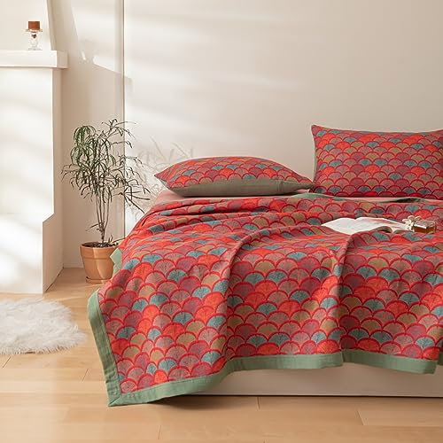 Purefair 100 % Baumwoll-Musselin-Decke, Jacquard, rustikale Meerjungfrau-Fischschuppen-Steppdecke, weicher Bettbezug, 3 Schichten, wendbar, atmungsaktiv, leicht, Kingsize-Bett (248,9 x 238,8 cm), kein