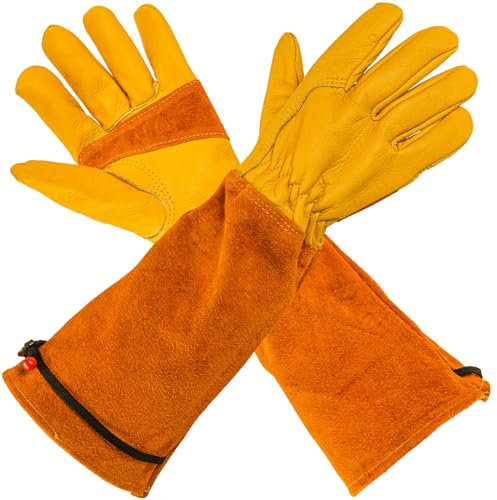 JOYCEMALL Long Leather Gardening Gloves for Women/Men, Rose/Blackberry Pruning Thorn Proof Thick Palm Cowhide Leather Gloves with Forearm Protection for Yard & Outdoor Work - Yellow - XL
