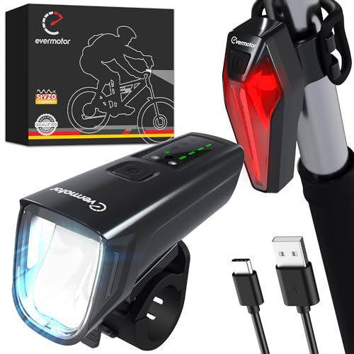 evermotor LED Fahrradlicht Set, StVZO-Zugelassen Fahrradlampe Licht + Rücklicht Fahrrad, USB C Aufladbar Fahrradbeleuchtung Zubehör, Lange Laufzeit Mountainbike Lichter Kit für Kinder und Erwachsene