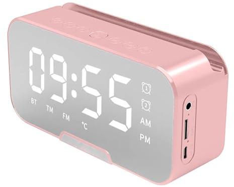 GIVOKE Multifunction Mirror Alarm Clock Radio Bluetooth Speaker Mobile Phone Holder FM Bedside Dual Alarm Clock Temperature Display 3 Brightness Levels (Pink)