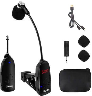 Harilla Micrófonos Inalámbricos para Instrumentos Musicales, Micrófono de Saxofón con Pantalla Digital LED, Clip On, Negro
