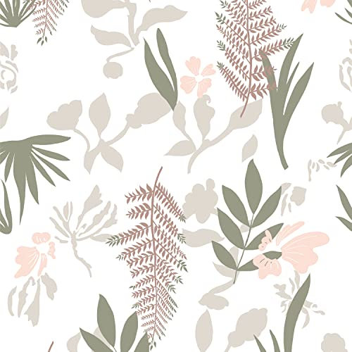 JOLIHOME Papel Pintado Vintage Floral Autoadhesivo Flores y Hierba Pelar y Pegar Papel de Contacto Adhesivo de Pared Removible Rosa, Verde y Marrón para Armario Encimera 44.5x1000cm