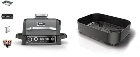 Ninja Woodfire Barbecue Elettrico, Affumicatore e Friggitrice ad Aria 7 in 1, per Grigliare & Woodfire Cestello per Frittura ad Aria Combo, compatibile con Barbecue elettrico da esterno