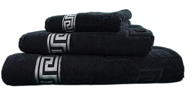 Arle-Living Luxus Medusa Duschtuch 70x140 cm - feinste Baumwolle/Hochflor Frottee mit Medusa Flachprägung und Silberner Medusa Bordüre (Schwarz mit Silber, Duschtuch 70x140 cm)