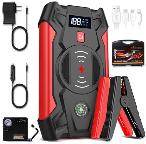 FACAIO Starthilfe Powerbank, 1800A Spitzenstrom Auto Starthilfe, 12V (Bis Zu 7,0L Benzin Oder 5,5L Diesel) Tragbarer Batterie Booster, Elektrische Luftpumpen, Starthilfegerät mit LED Taschenlampe