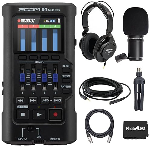 Zoom R4 MultiTrak 32-Bit Float Recorder with Stereo Bouncing Bundle With Zoom ZDM-1 Podcast Dynamic Microphone, ZHP-1 Headphones, TPS-4 Tripod, Windscreen, XLR Cable