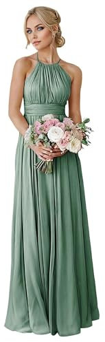 A Line Robe de soirée longue en mousseline de soie plissée avec poches Robe de bal, Vert pastel, XXL