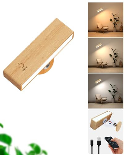 DetarZinLED Applique Murale avec Telecommande,Lampe de Chevet Bois,Rechargeable Lumiere Murale sans fil,Batterie Veilleuse Murale led sans percer,Lampe Murale Interieur aimantée,Liseuse Murale