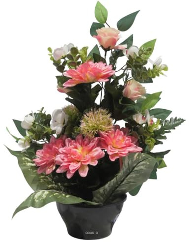Artificielles.com - Dahlien-Vase, Rose, Mini-Blumen, Distel und Ficus Rose, künstliche Rose, Allerheiligen, Farbe: Rosa 715