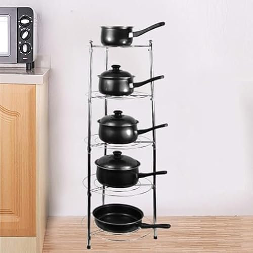 KAYNUR 5 Tier Chrome Pan Stand – Stainless Steel Pot Organizer, Free Standing Multi-Functional Saucepan Rack, Space-Saving Lid Holder for Home, Kitchen & Office