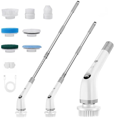 Electric Spin Scrubber, Electric Cleaning Brush with 7 Replacement Heads, Adjustable Extension Handle,Power Cleaning Brush for Bathroom,Kitchen,Tile-Full Body IPX7 Waterproof